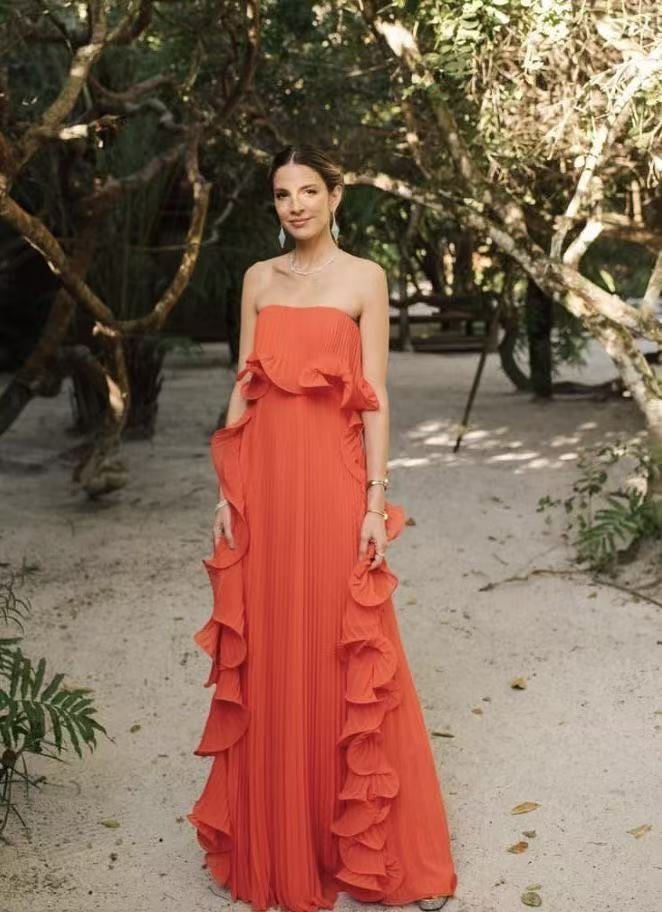 Summer Strapless pleated long Dress Beach Holidays gown 6