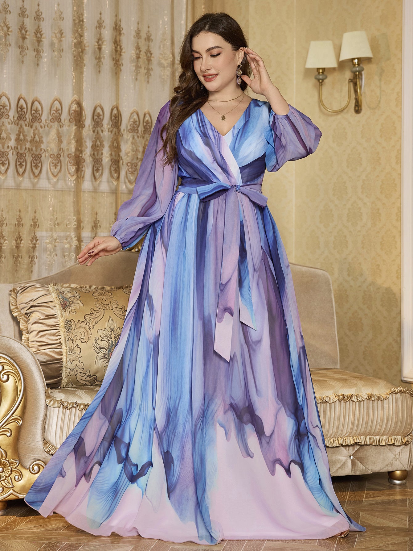 Plus Size V-Neck Lantern Sleeve Chiffon Dress Belted Slim Waist Evening Gown 7