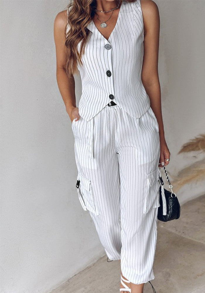 Women's Chic Elegant Solid Color Striped Button Vest Pocket Pants Two Piece Set