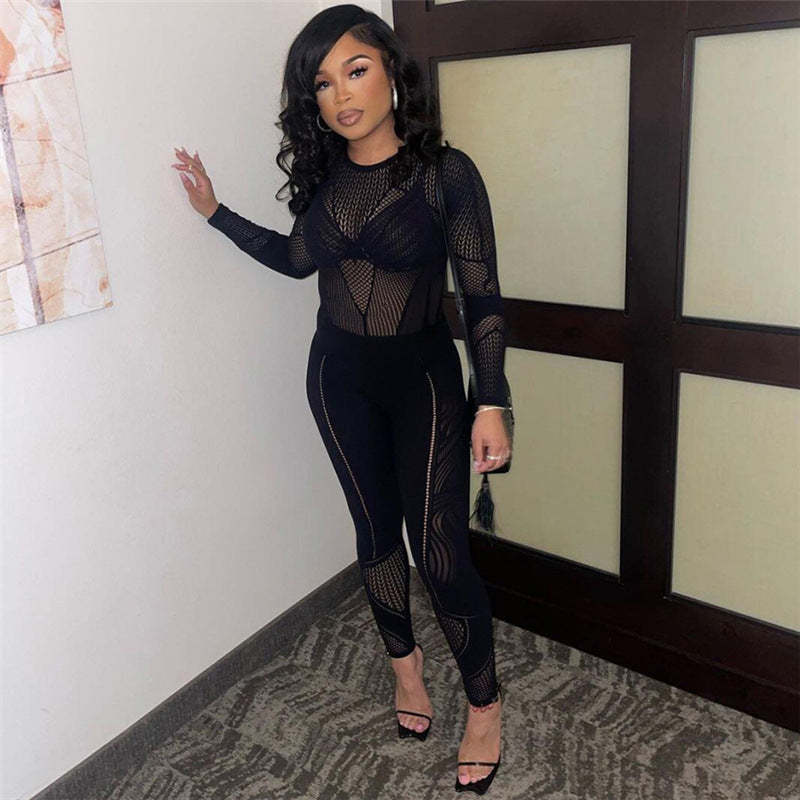 Spring Solid Round Neck Long Sleeve Sexy See-Through Mesh Jumpsuit 4