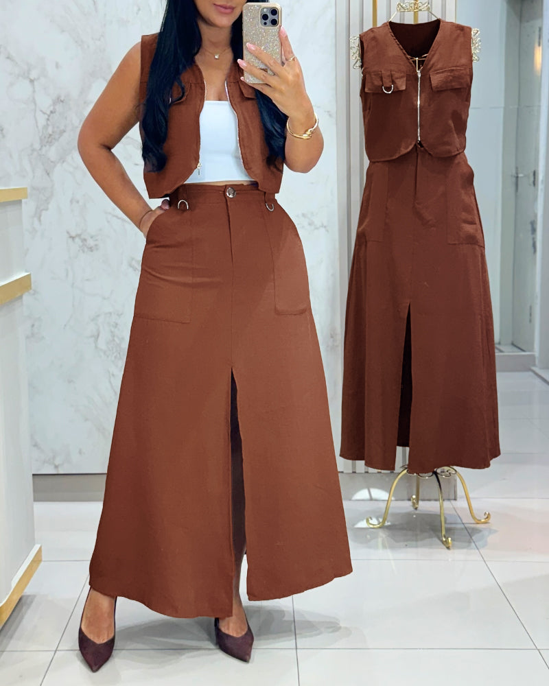 Women's Fashion Solid Color Sleeveless Zipper Metal Ring Vest & High Waist Slit Long Skirt Set 3