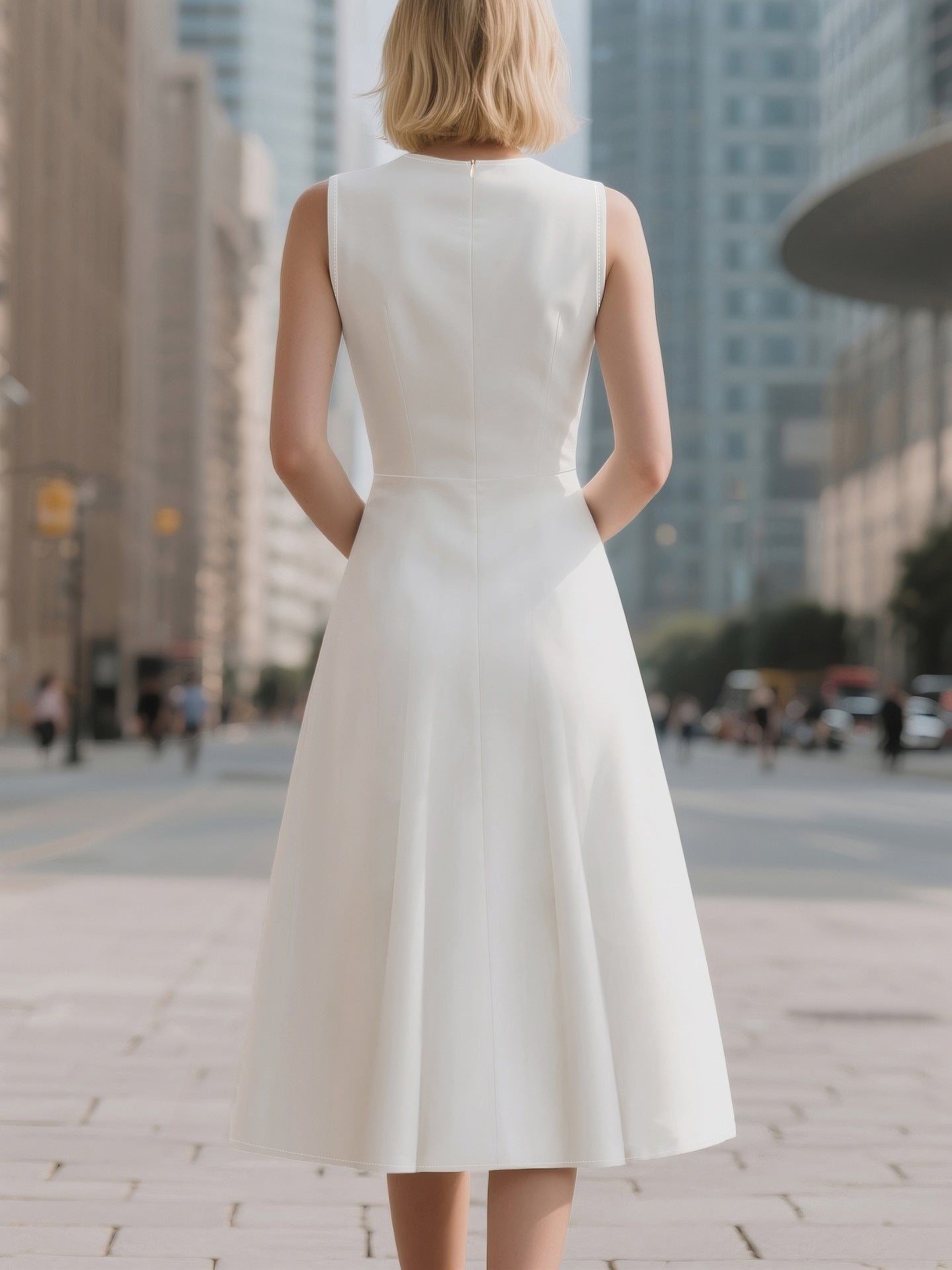 Women Summer Solid White V-Neck Sleeveless Dress 3