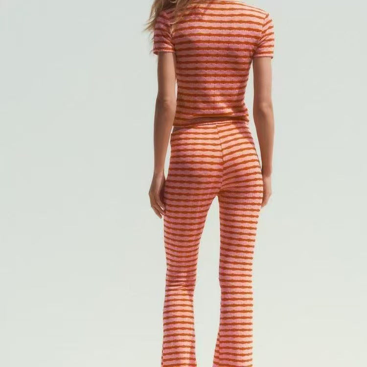 Fashion Turndown Collar Shirt & Striped Bell-Bottom Pants Summer Knit Set 13