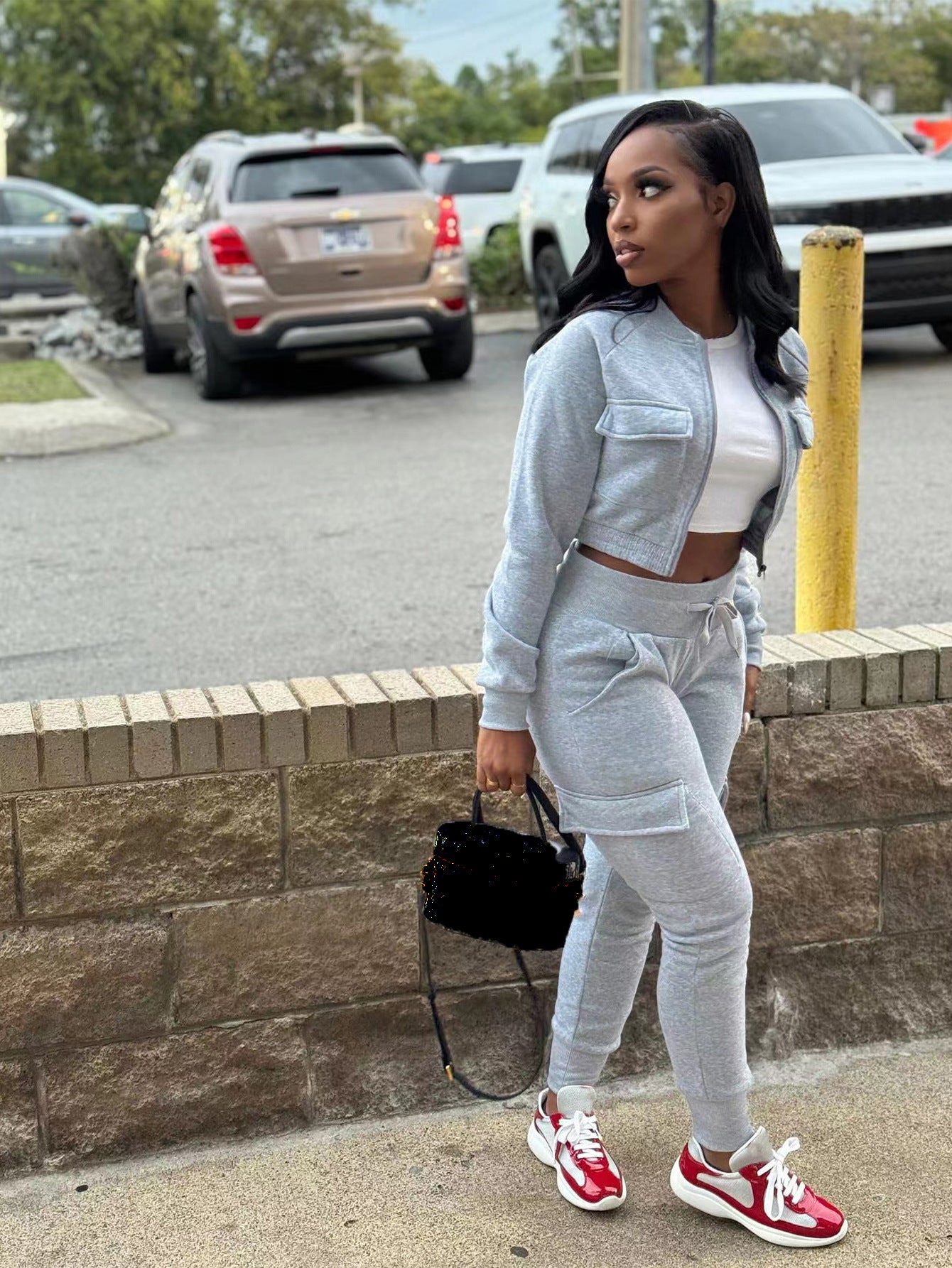 Women Casual Brushed Zipper Patchwork Top and Pants Sports Two-Piece Set