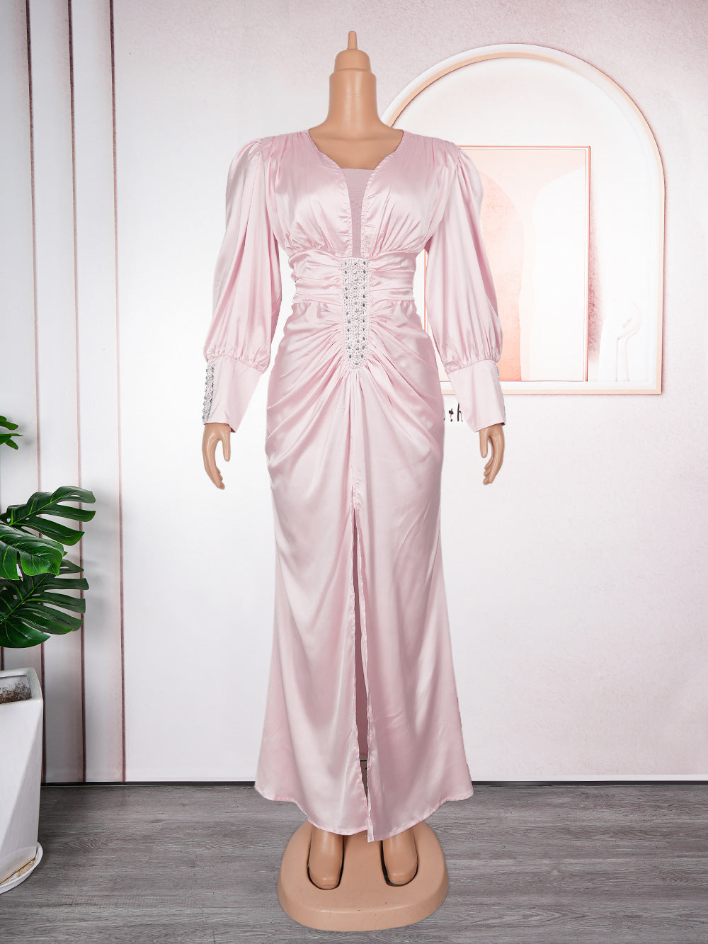 Elegant Solid Color Long Sleeve High Waist Formal Party Plus Size Dress Dubai Winter African Women's Clothing 11