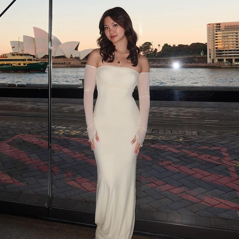 Women Summer Strapless Off Shoulder Patchwork Long Sleeve Sexy Mesh Dress 4