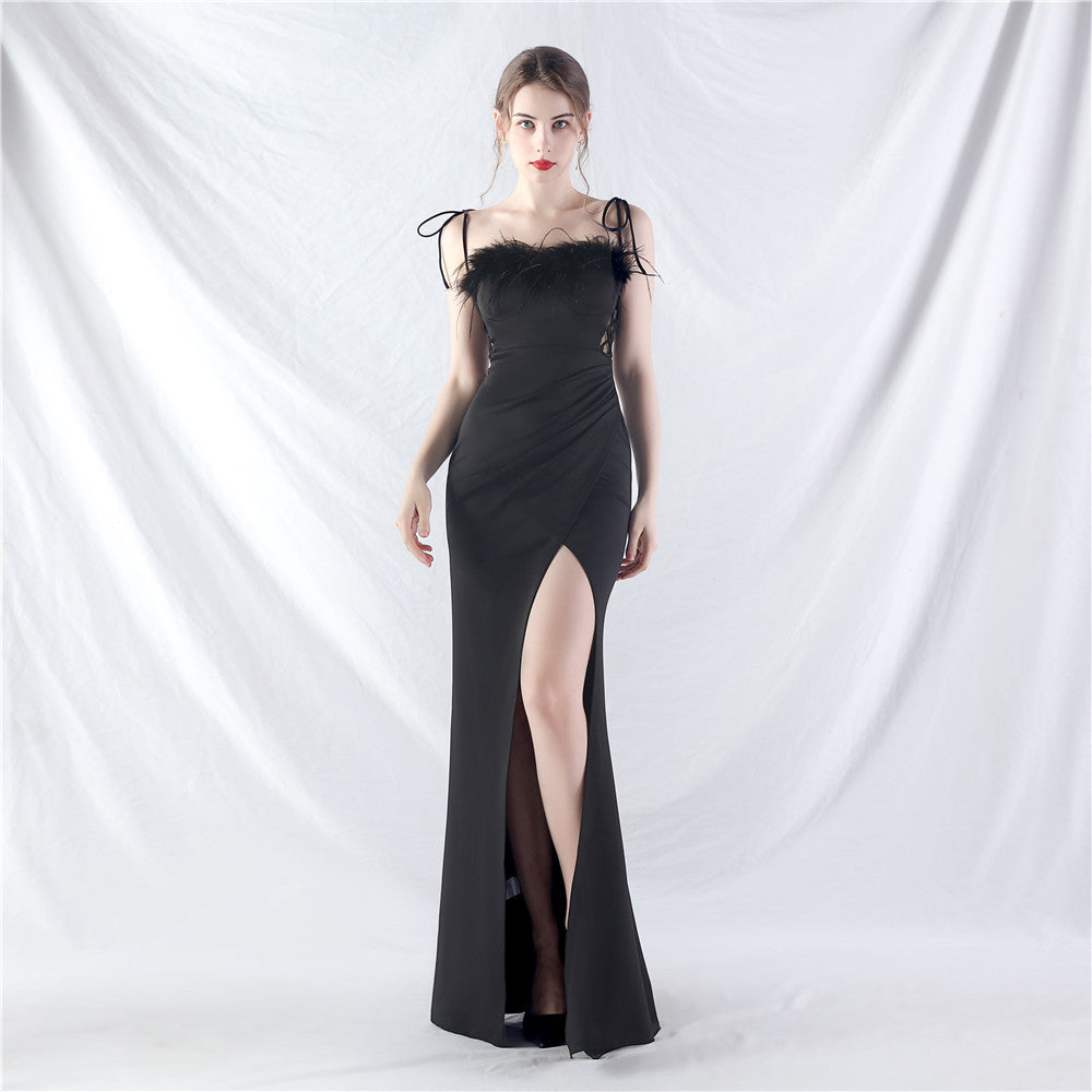 Feather Strap Slim Waist Solid Color Slit Evening Dress 8