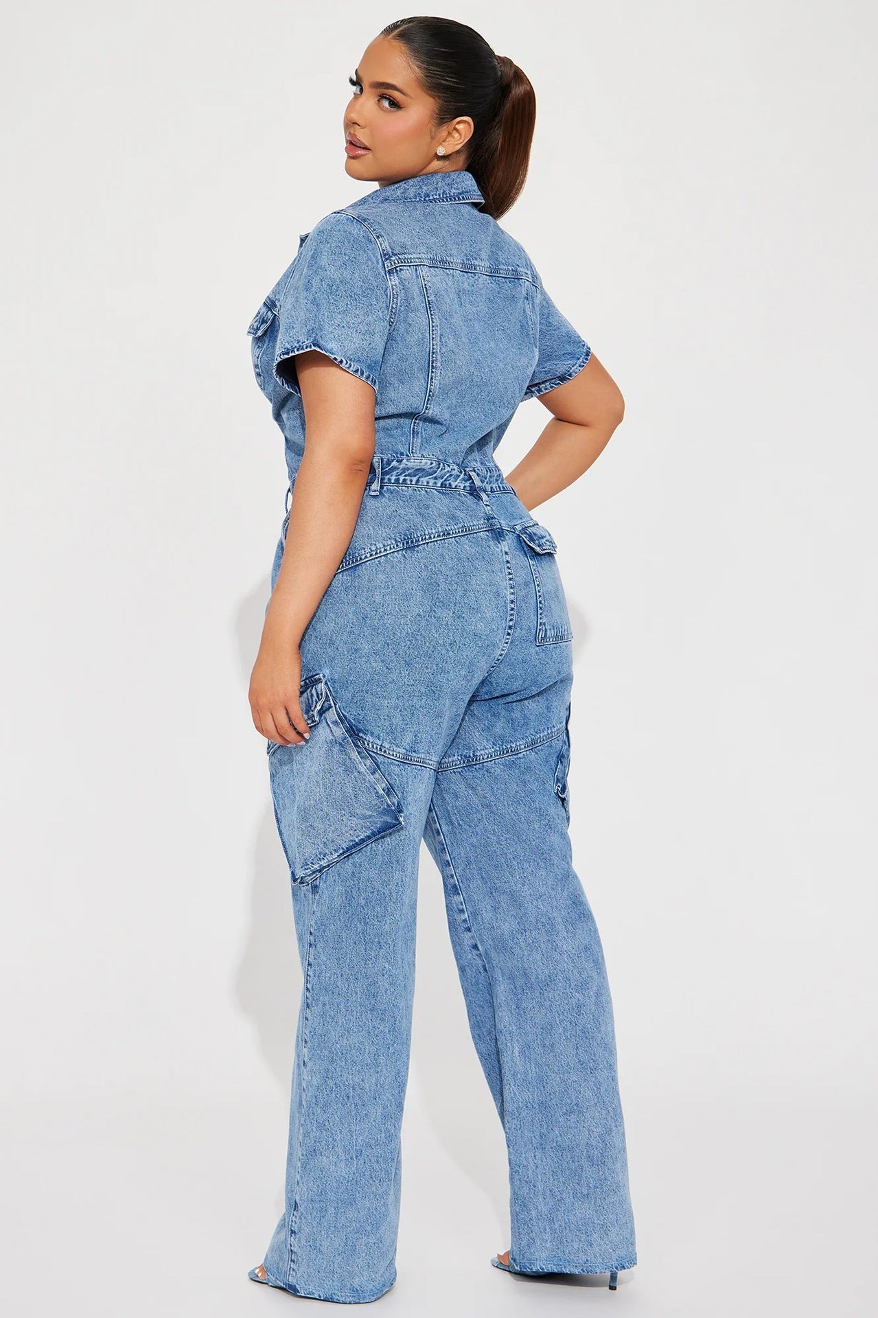 Short Sleeve Tight-Waisted Slim-Fit Stretch-Washed Denim Jumpsuit 6
