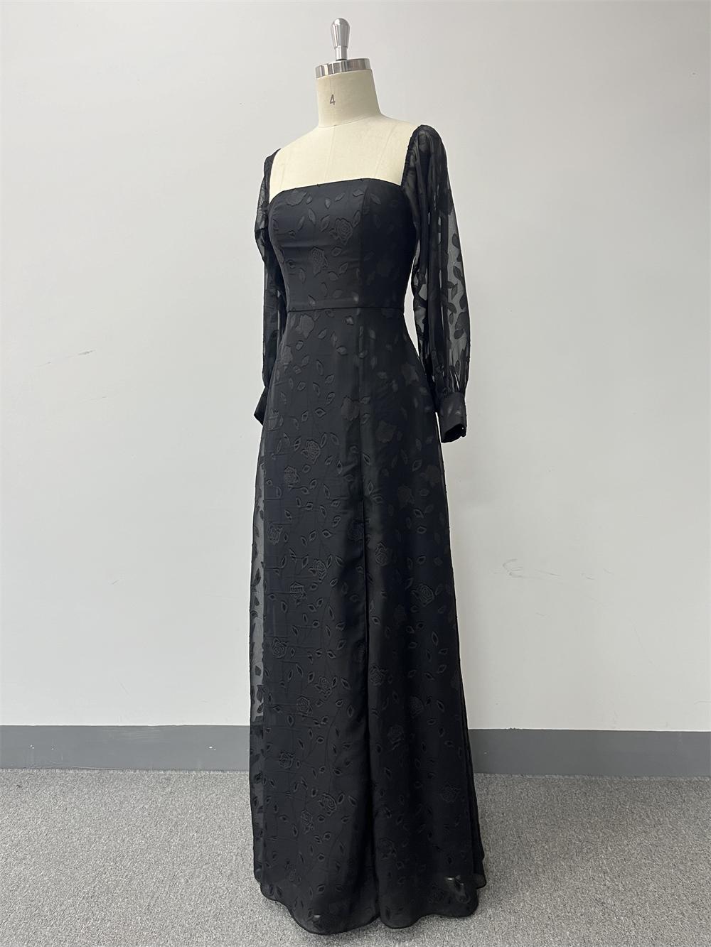 Black Off-Shoulder Long Sleeve Chiffon Embroidered High Slit Evening Dress 9