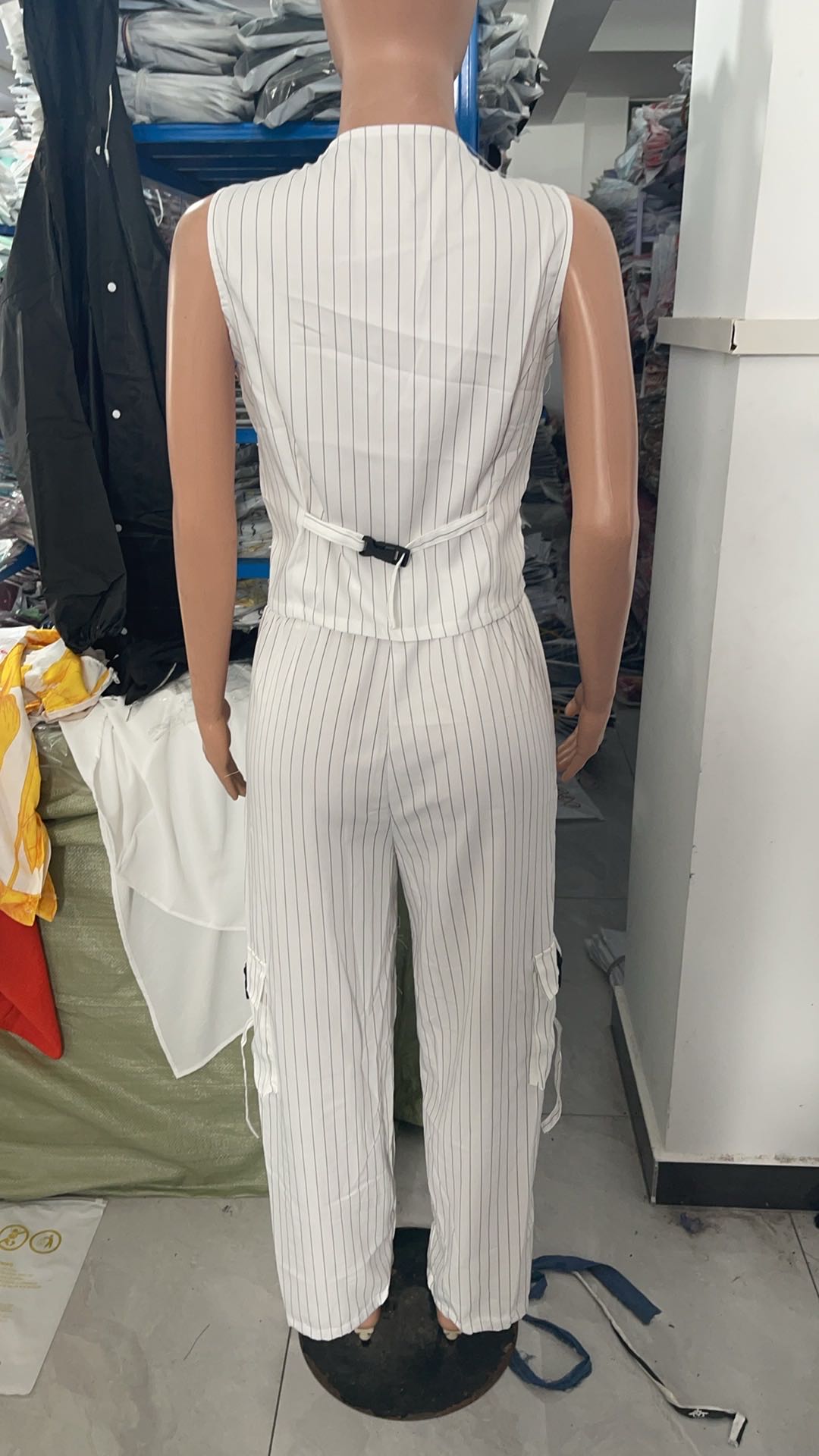 Women's Chic Elegant Solid Color Striped Button Vest Pocket Pants Two Piece Set 9