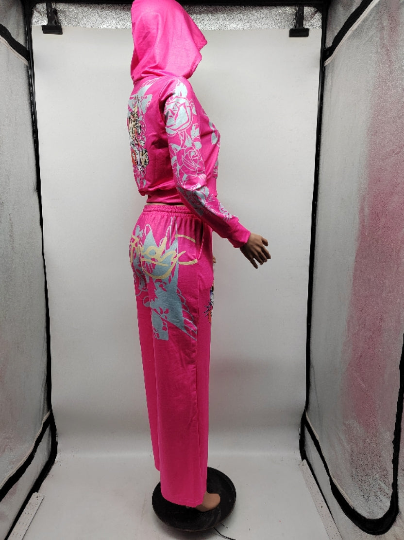 Women Printed Zipper Top and High Waist Straight Pants Two-piece Set 9