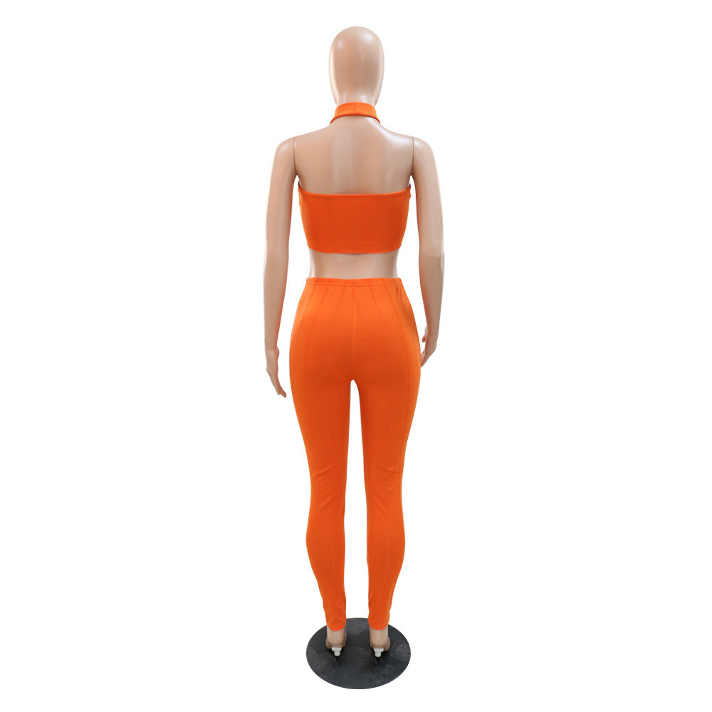 Women Summer Halter Neck Top and Trousers Two-Piece Set 11