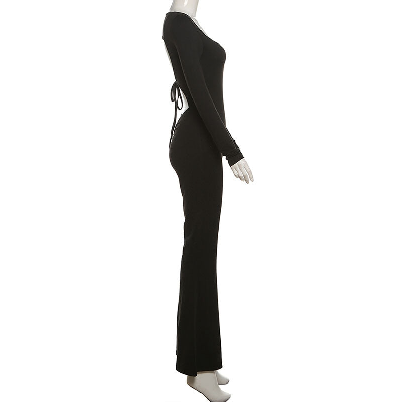 Autumn Summer Fashion Square Neck Low Back Flared Tight Fitting Women Jumpsuit 9