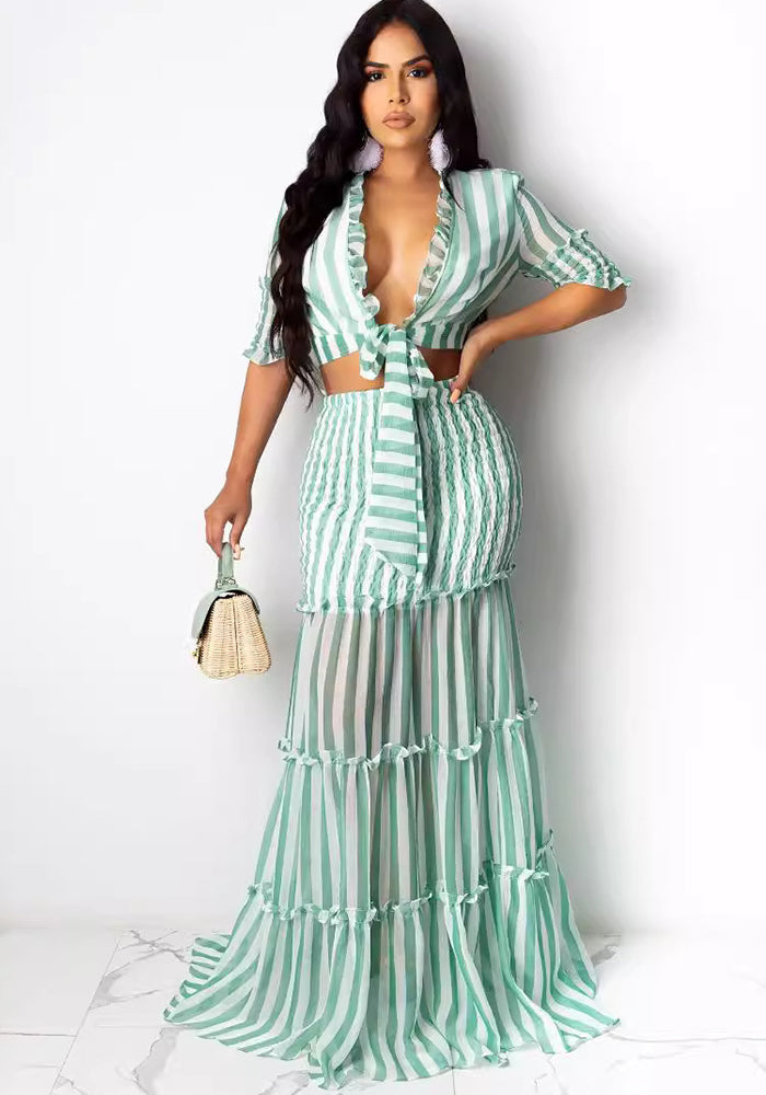 Women striped chiffon print Top and Skirt two-piece set