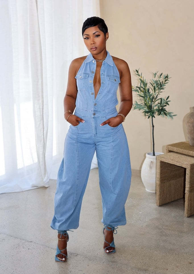 Sleeveless Low Back Washed High Stretch Casual Denim Jumpsuit 14