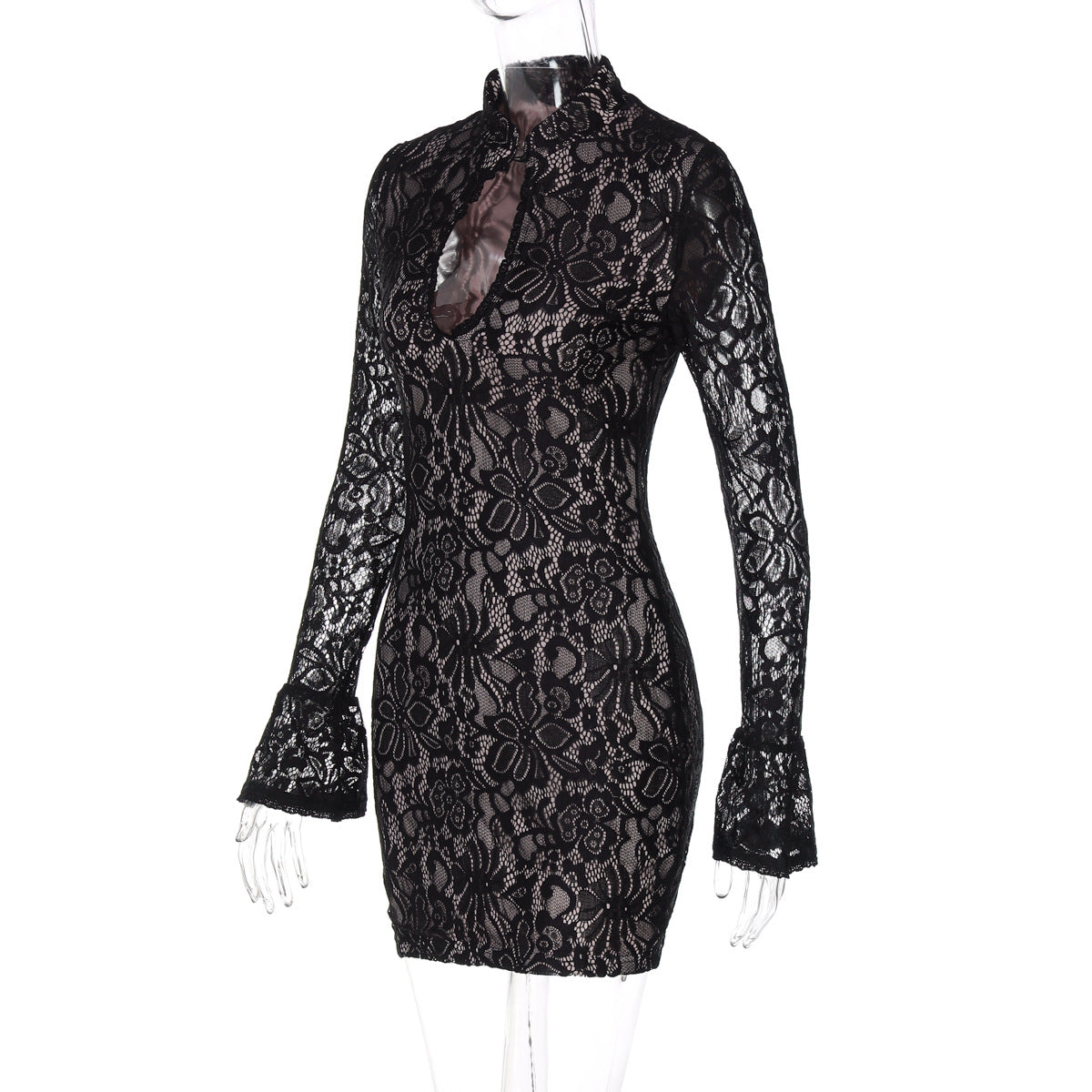 Women Winter Sexy Lace Hollow Bell Bottom Sleeve Bodycon Dress 10