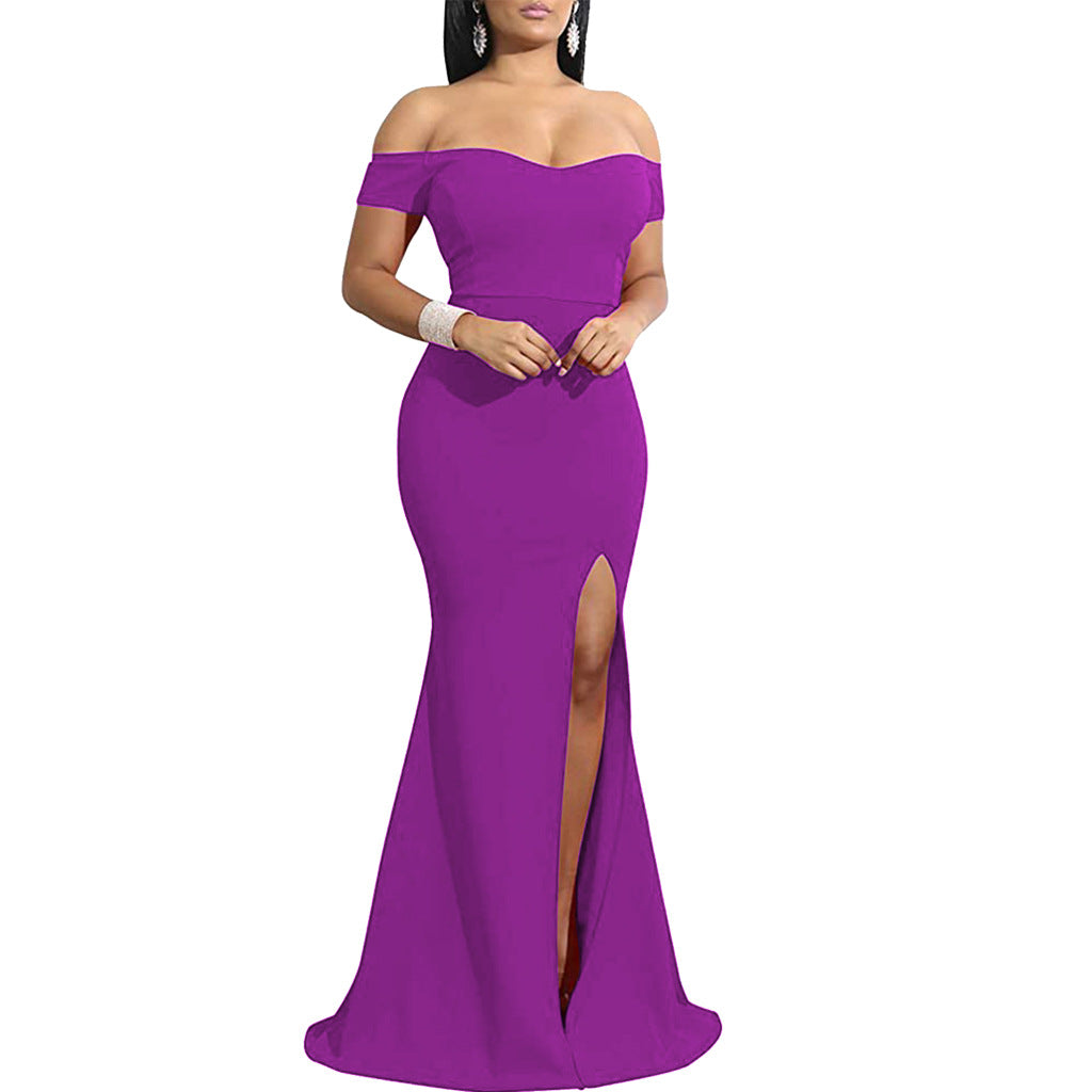 Sexy Fashion Solid Color Off Shoulder Split Dress 9