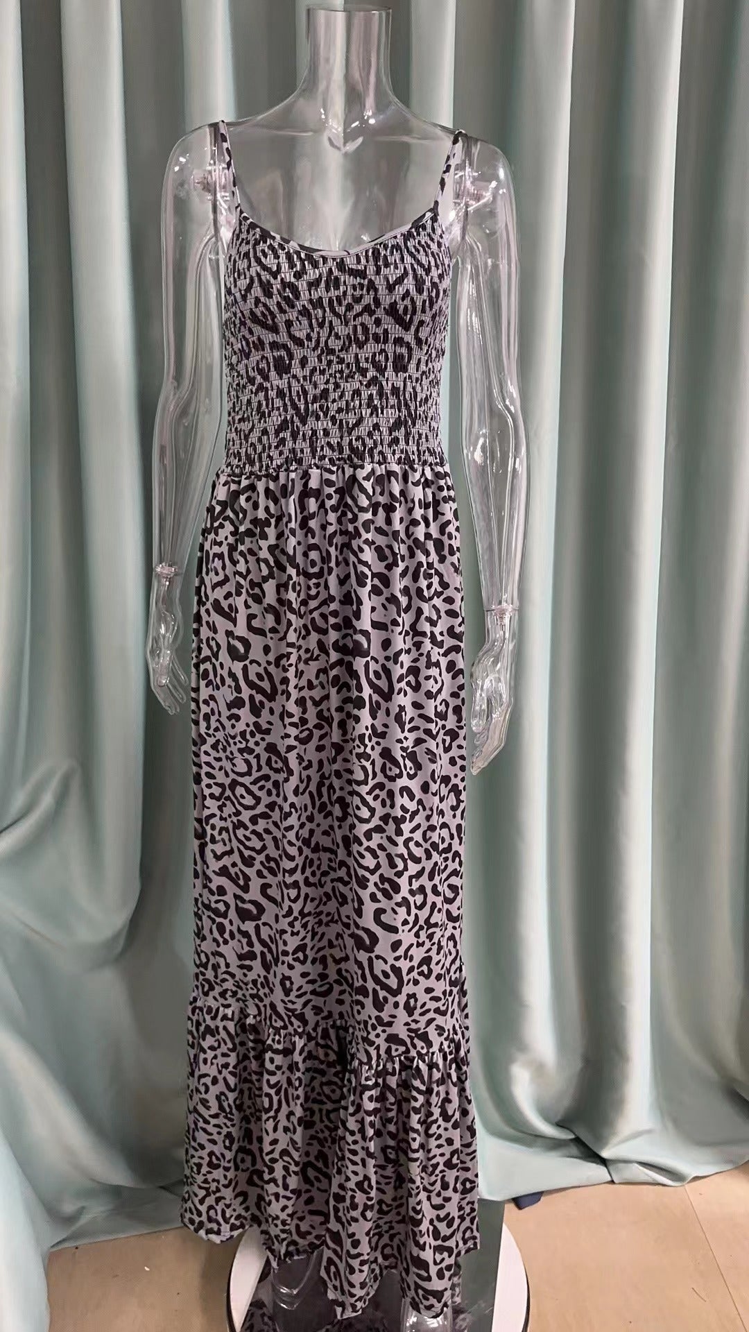Summer Leopard Print V Neck Dress High Waist Sexy Chic Fashion Long Dress 28