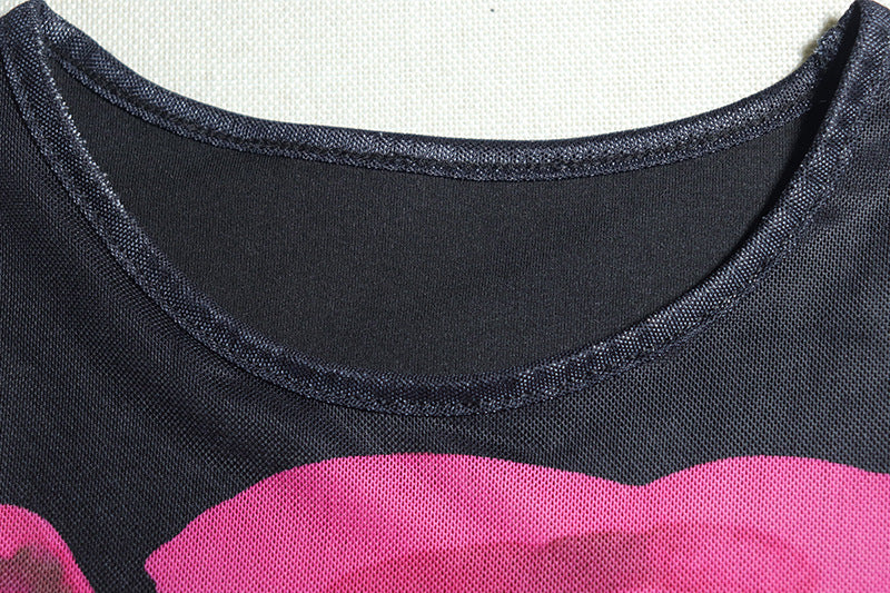 Women Print Round Neck Mesh Long Sleeve Bodycon Dress 10