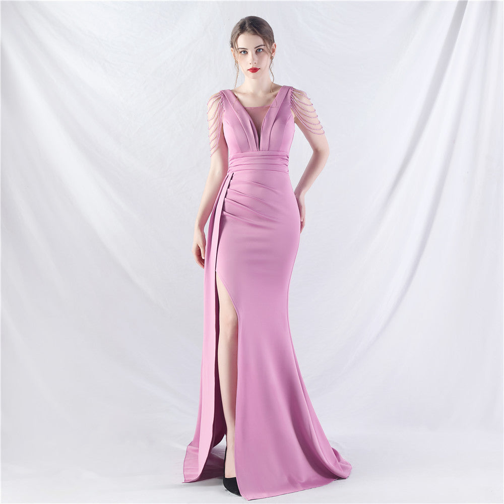 Women Satin Pleated Beaded Evening Dress 18