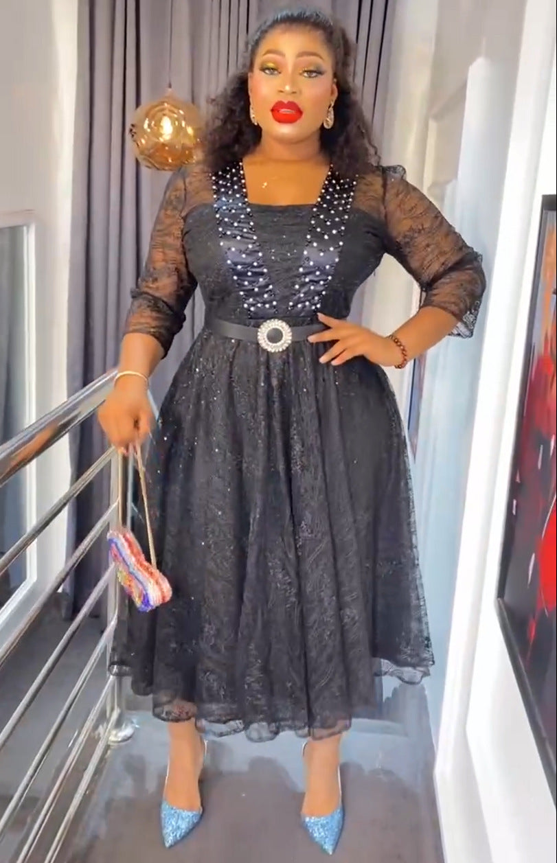 African Clothing Plus Size Women's Lace Patchwork Beaded A-Line High Waist Dress With Belt