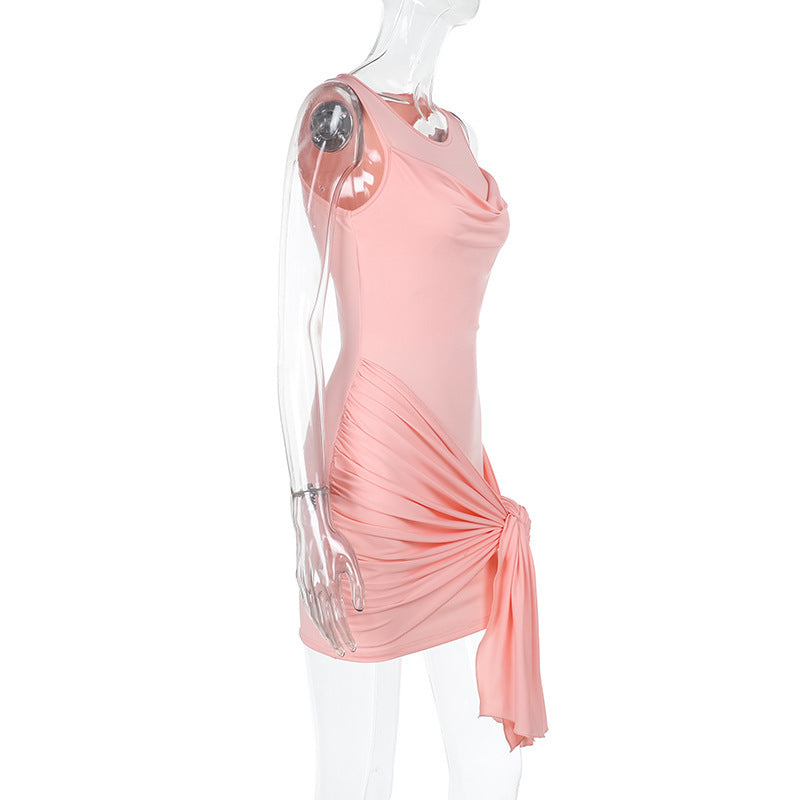 Women Spring Summer Sexy Gathered Ribbon Solid Dress 6