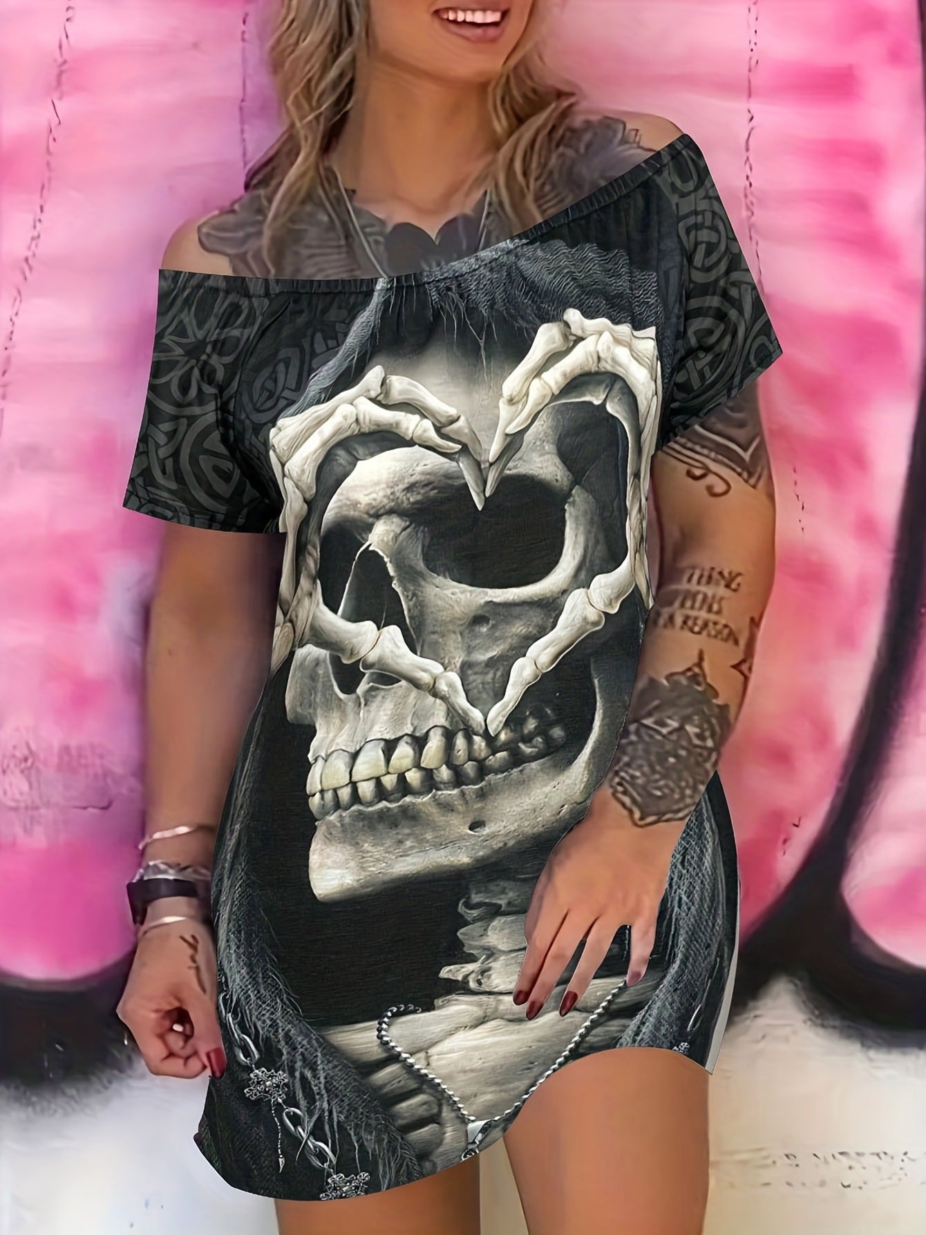 Women Sexy Slash Shoulder Skull Print Short Sleeve Dress 5