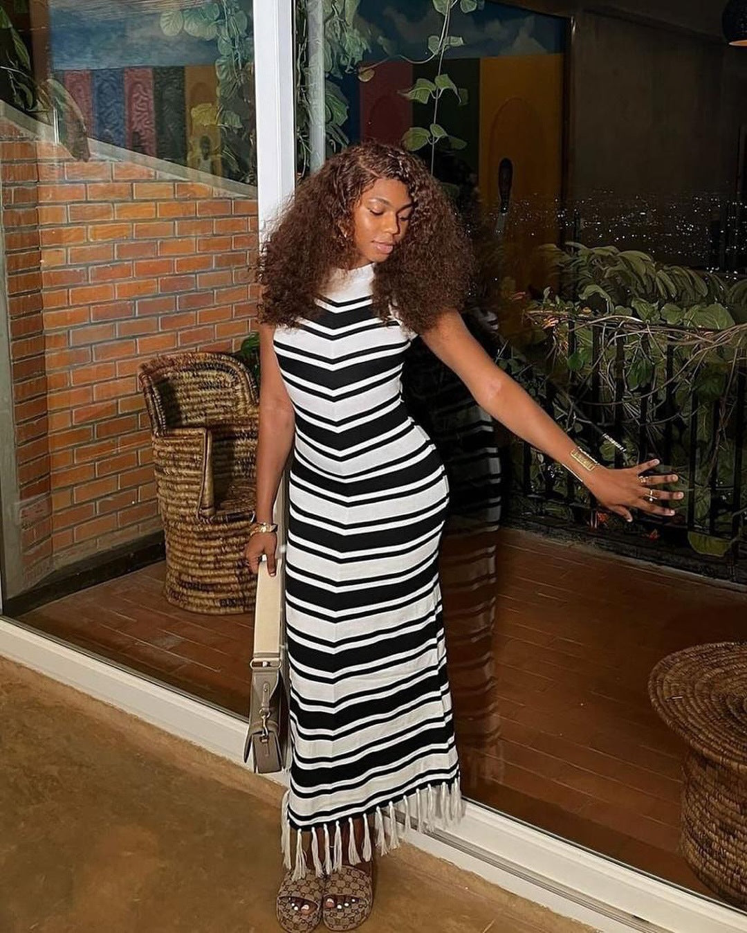 Summer Slim Round Neck Sleeveless Color Matching Striped Knitting Bodycon Tassel Dress 9