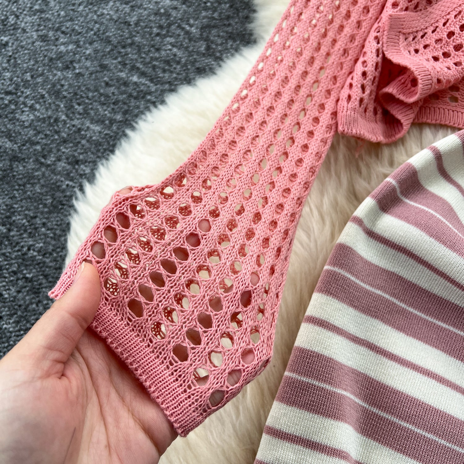 Tie Up Cardigan Low Back Strap Slim Fit Chic Stripes Knitting Dress 15