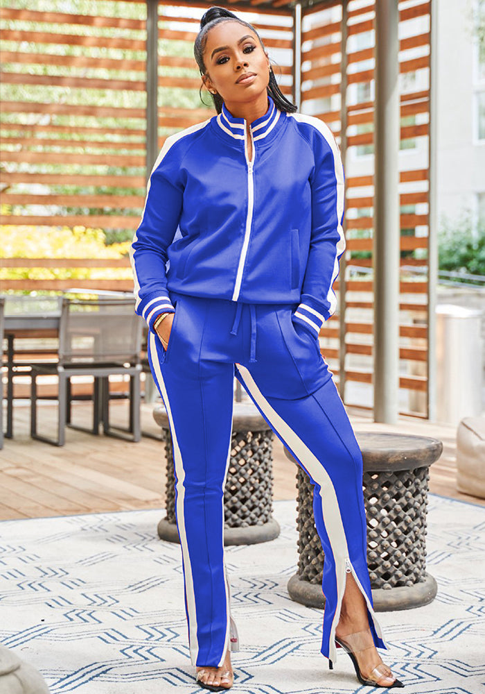 Women Off Shoulder Zipper Long Sleeve Top and Pant Sport Two-Piece Set