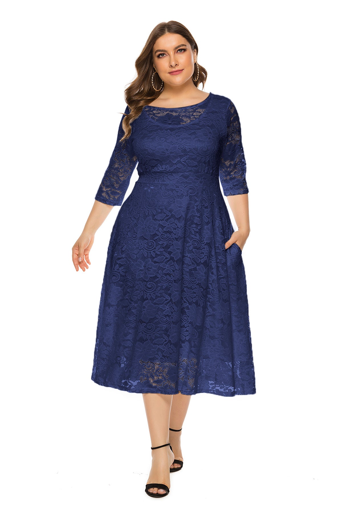 Plus Size Evening Dress Mid Length Cutout Lace Pocket Dress 24