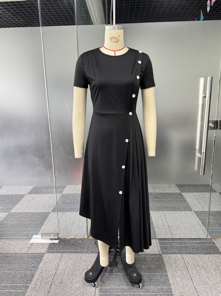 Women elegant Career Round Neck button decoration irregular slit pleated dress 8