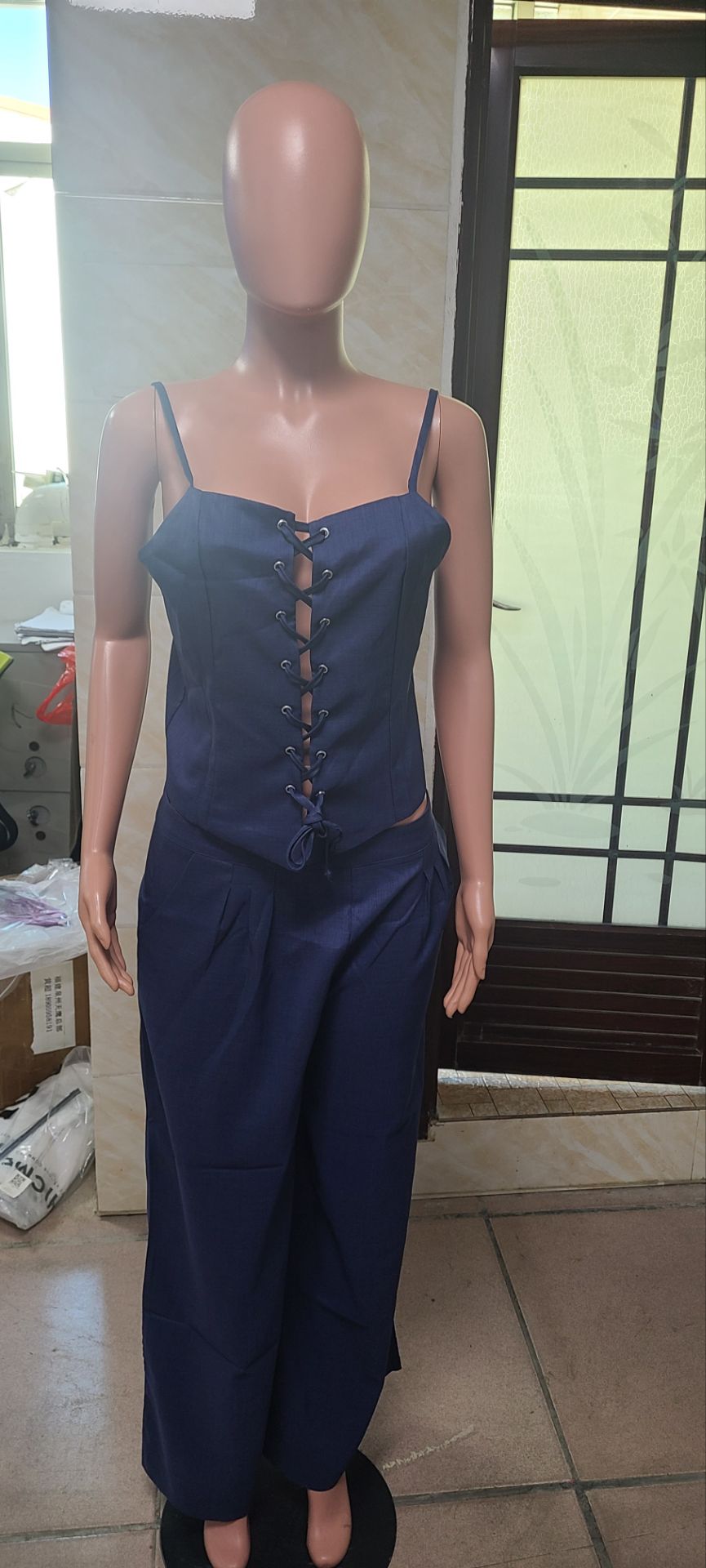 Summer Sexy Hollow Lace-Up Top Wide-Leg Pants Casual Two Piece Set 18