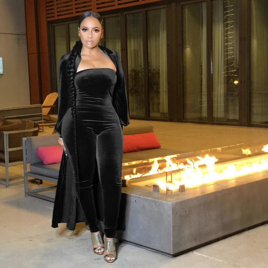 Sexy Velvet Strapless Women Jumpsuit Jacket Two Piece Set 11