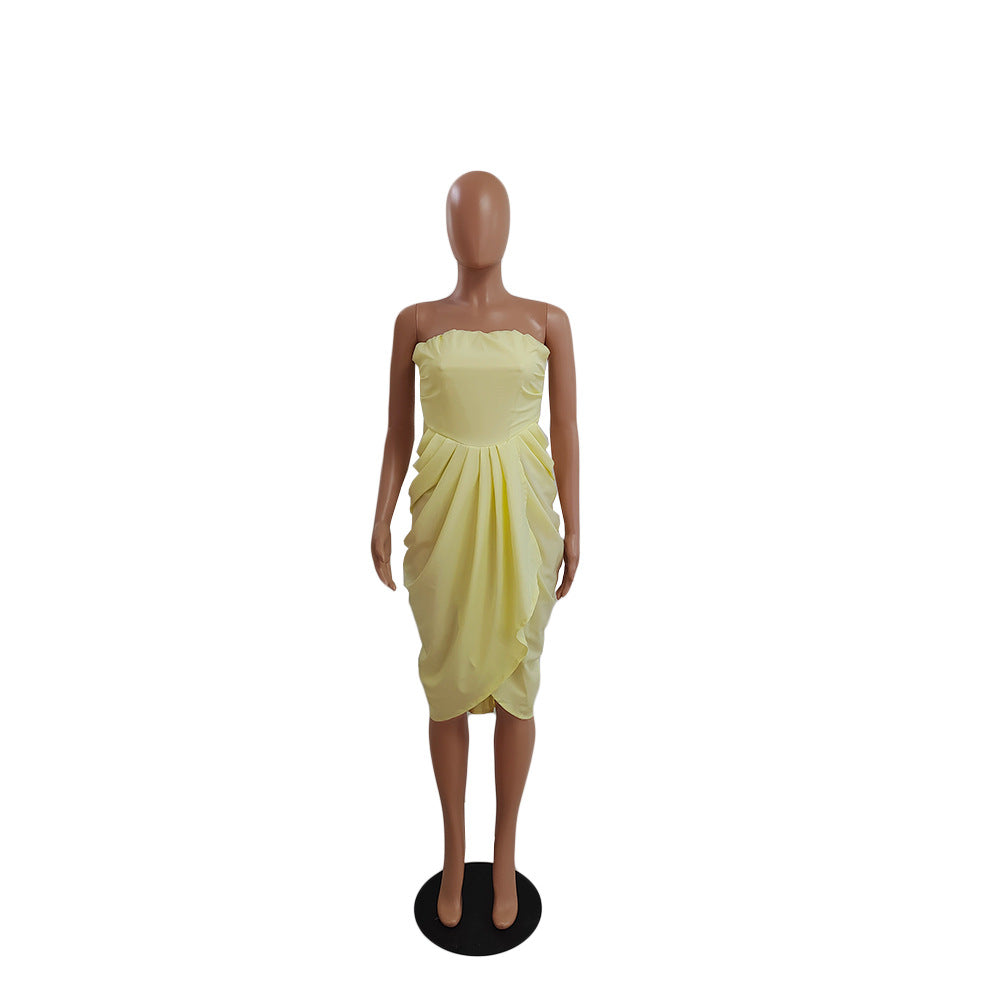Women's Sexy Strapless Slim Waist Solid Color Pleated Dress 10