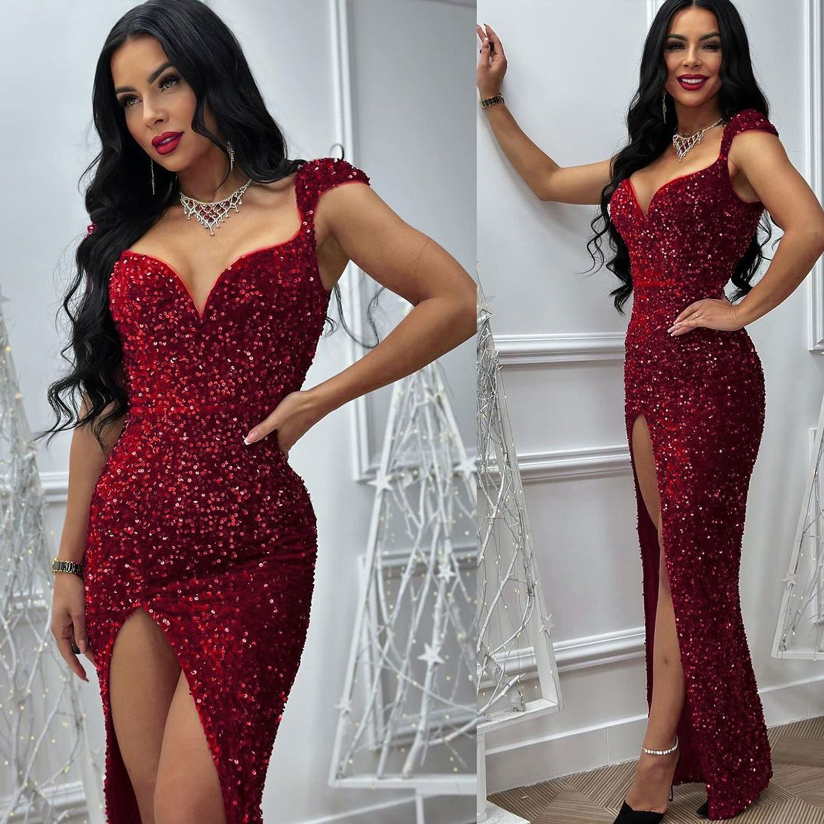 V-neck sequin slit sequin bodycon dress 6