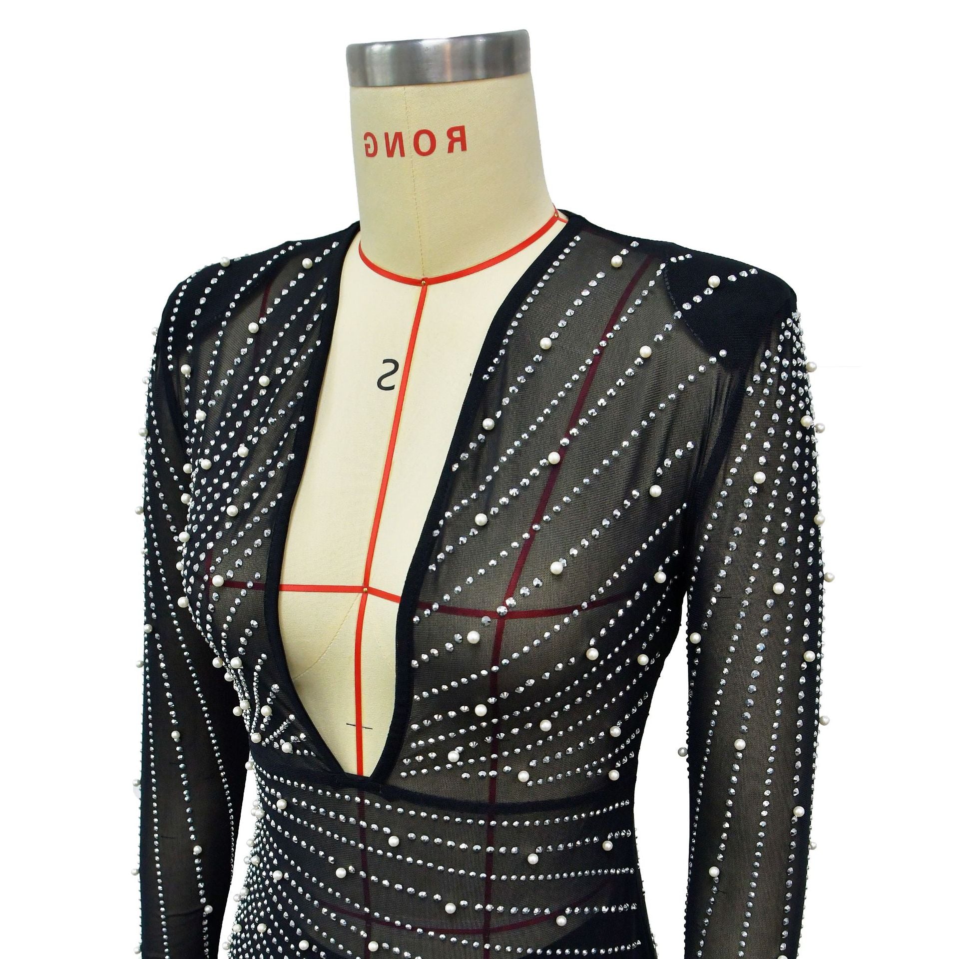 Women's Fashion Solid Color Mesh Beaded Long Sleeve Dress 18