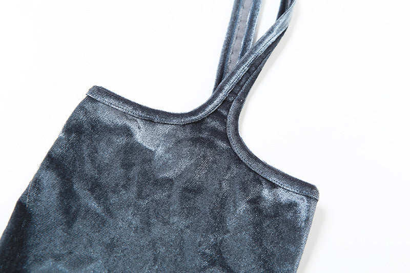 Autumn Women's Sexy Velvet Turtleneck Dress High Waist Straps Bell Bottom Pants Two Piece Set For Women 19