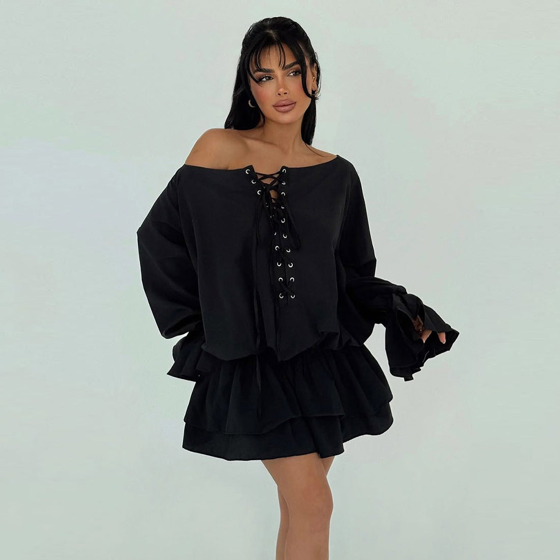 Women's Autumn Sexy Solid Color Off Shoulder Low Back Loose Lace-up Belt Bell Sleeve Dress 3