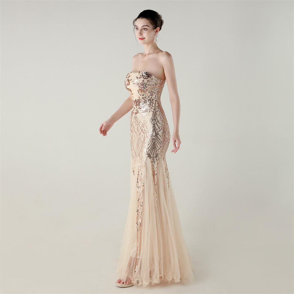 Women Strapless cross Lace-Up sequined tube flower sequined mesh evening dress Formal Party evening dress 35