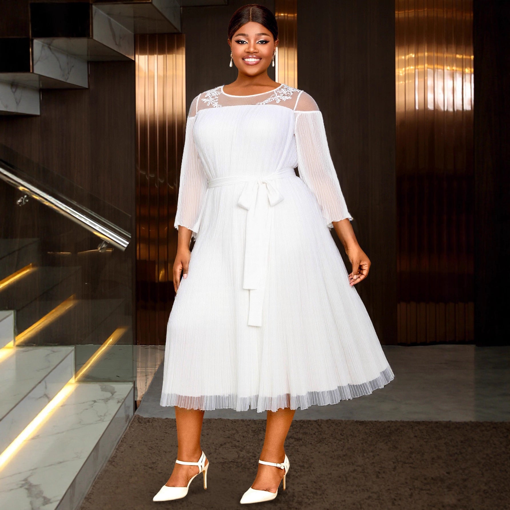 Plus-Size Women Elegant White Cutout Mesh Long-Sleeved Ruffled Belted Chiffon Dress 8