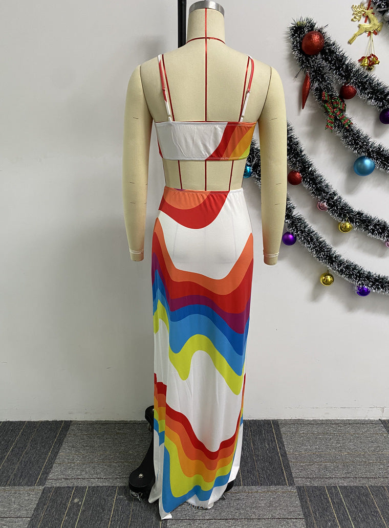 Sexy Printed Patchwork Low Back Hollow Stretch Halter Neck Maxi Dress 8