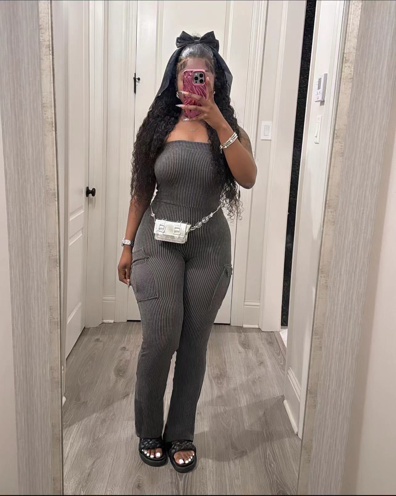 Summer Fashion Solid Color Ribbed Pocket Sexy Tight Fitting Jumpsuit 3