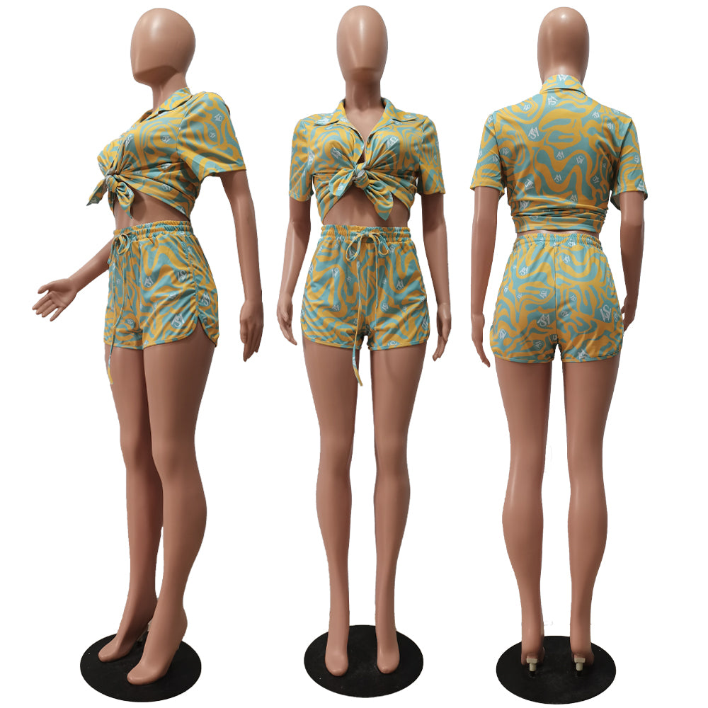 Summer Fashion Print Multicolor Shirt Shorts Casual Set 33