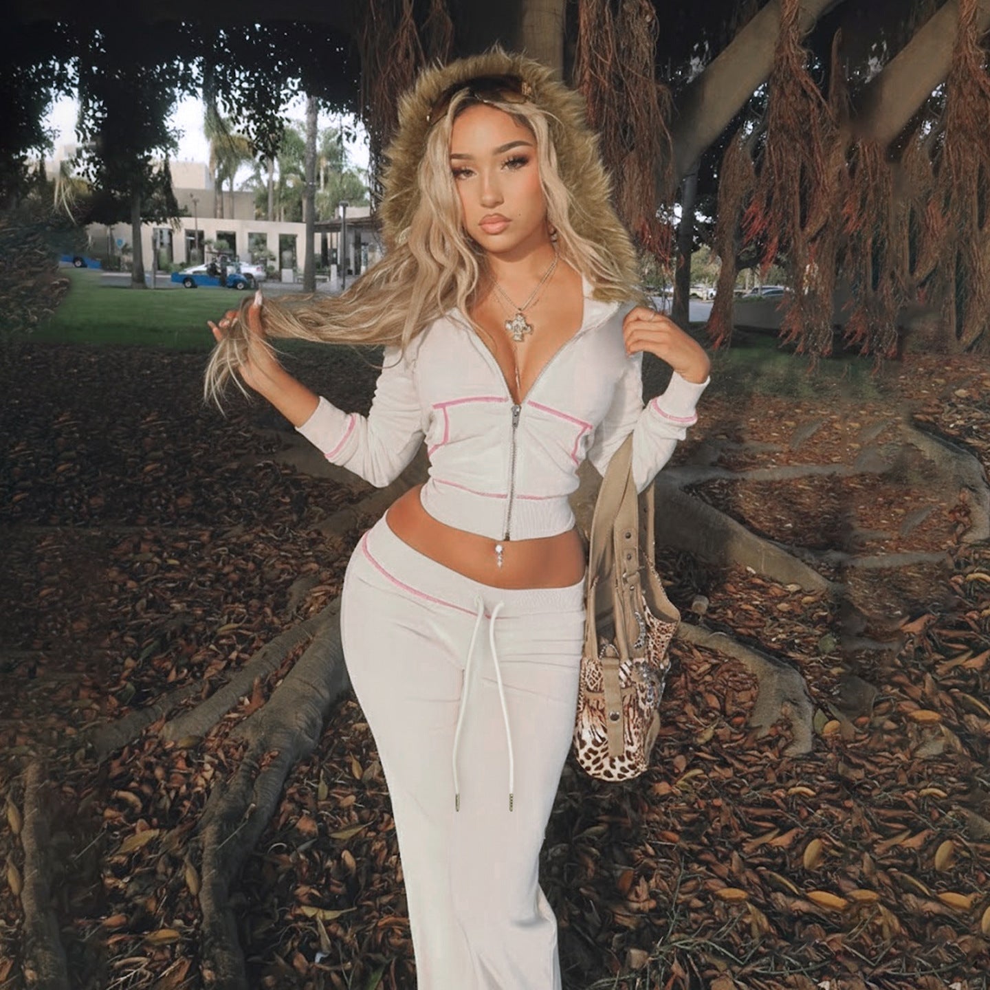 Women American-Style Fall/Winter Sport Velvet Letter Print Fur Collar Hooded Long-Sleeved Jacket and Pants Two-Piece Set