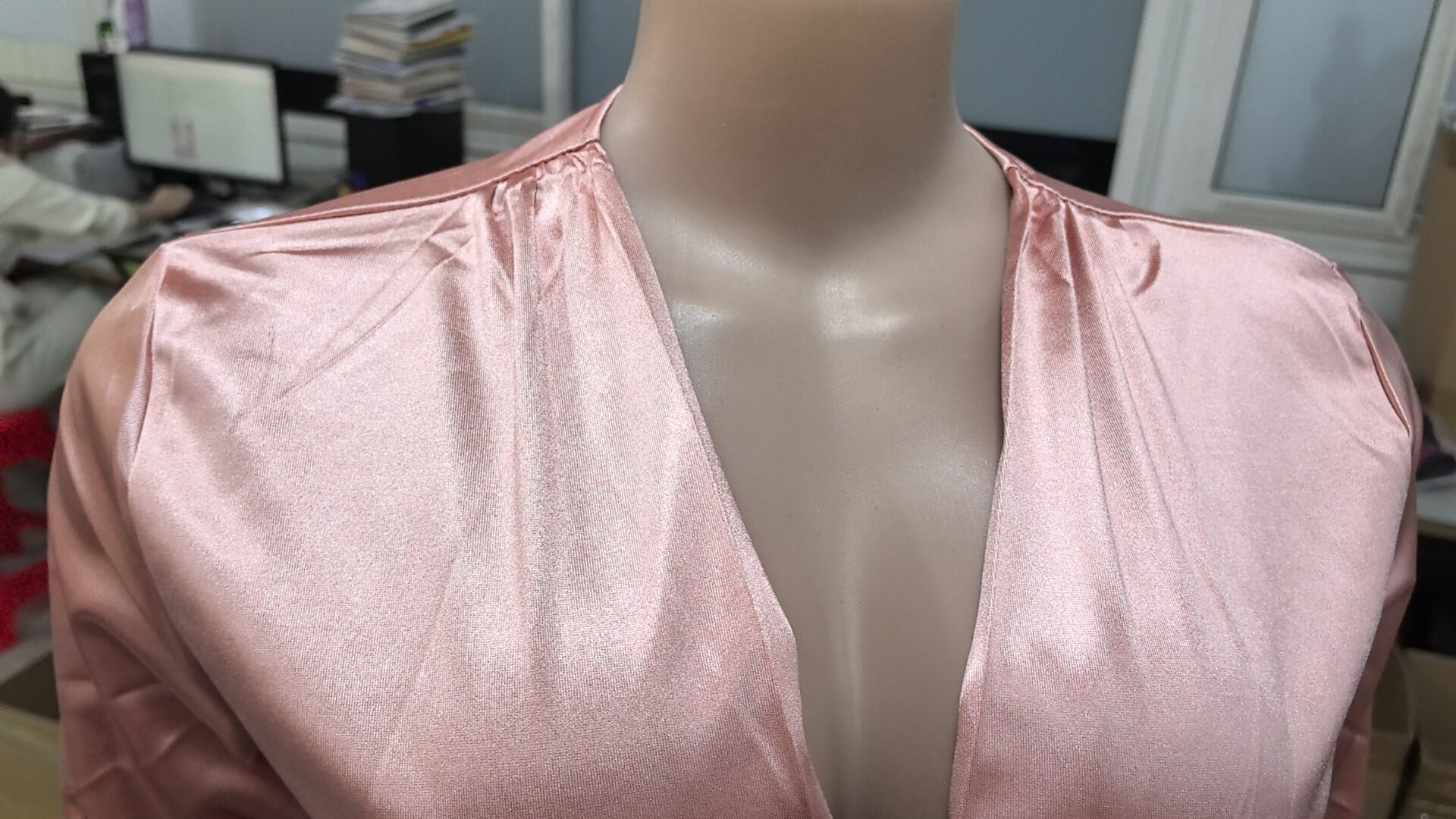 Women Sexy Solid Shiny Long Sleeve V-Neck Dress 19