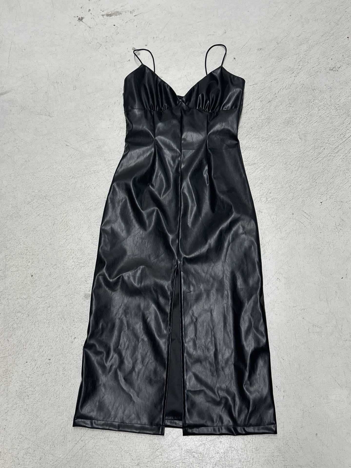 Women sexy V-neck halter slit stretchy Pu-Leather bodycon dress 19