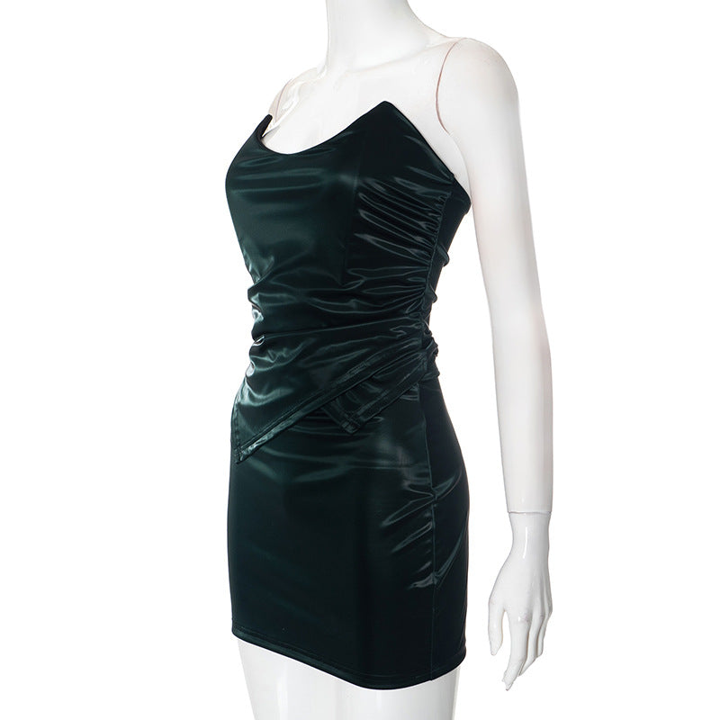 Women Fall and Winter Stretchy Strapless Off Shoulder Gathered Top and Bodycon Skirt Two Piece Set 7