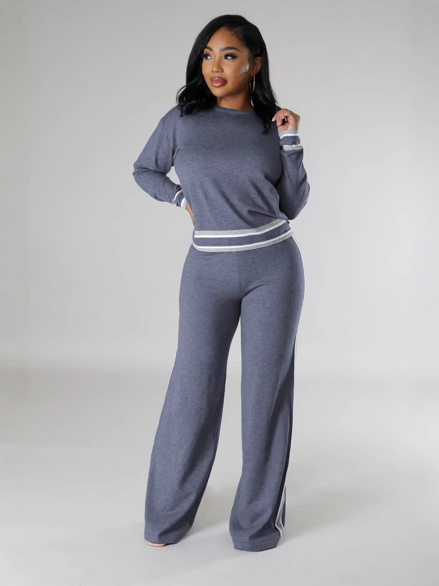 Women's Autumn And Winter Long-Sleeved Knitting Shirt Wide-Leg Trousers Casual Two-Piece Set