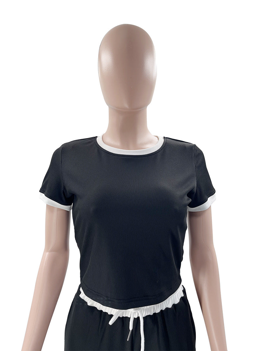 Spring Summer Style Round Neck Contrast Color Short Sleeve Top Women's Fashion Casual Wide Leg Pants Sports Two Piece Set 15